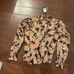 Who What Wear small Paisley Blouse in Black, Pink, and Orange